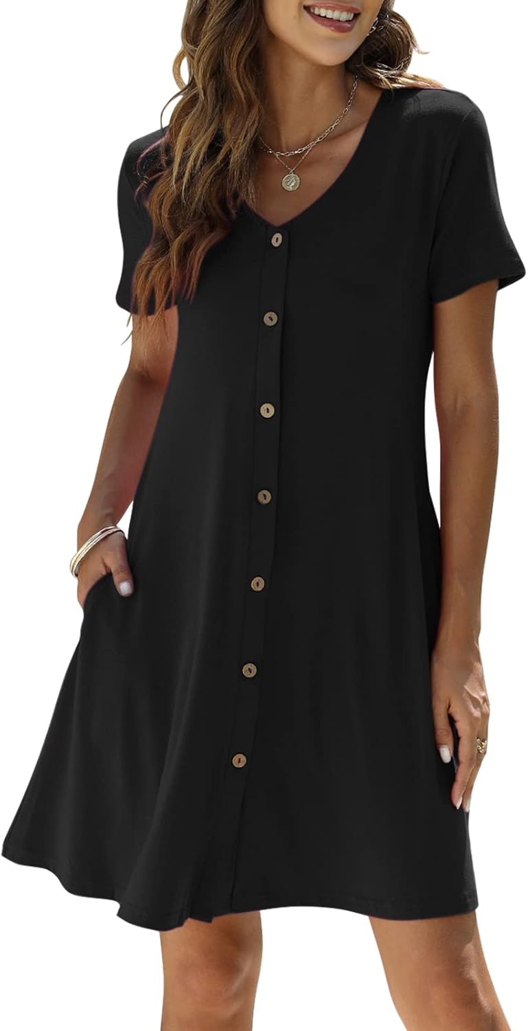 Manydress Women's Summer Casual T Shirt Short Sleeve Button Down Swing Dress with Pockets MY035