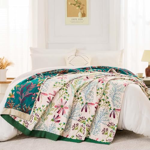 Image of XIBLC Boho Throw Blanket for Bed, 100% Cotton Soft Rustic Quilt Fall Blanket, 90 inchx98 inch Floral Printed Farmhouse Decor Bed Blankets, All Season Rustic Reversible Bohemian Throw Quilt