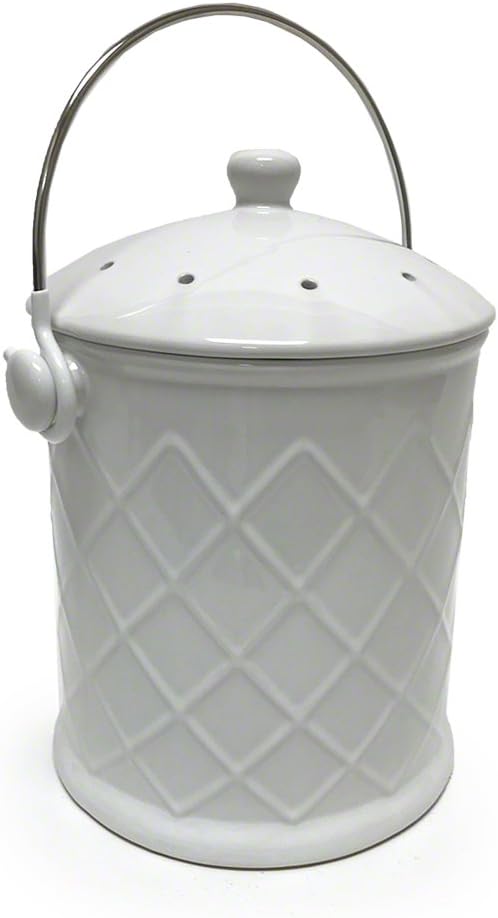 White Ceramic Kitchen Compost Bin, 1 Gallon, with Charcoal Filter Lid - Cedar Grove