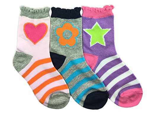 Jefferies Socks Girls Pattern Pink/Purple/Grey Fashion Cotton Crew Socks 3 Pair Pack (S - USA Shoe 9-1 - Age 3-7 Years, Multi)