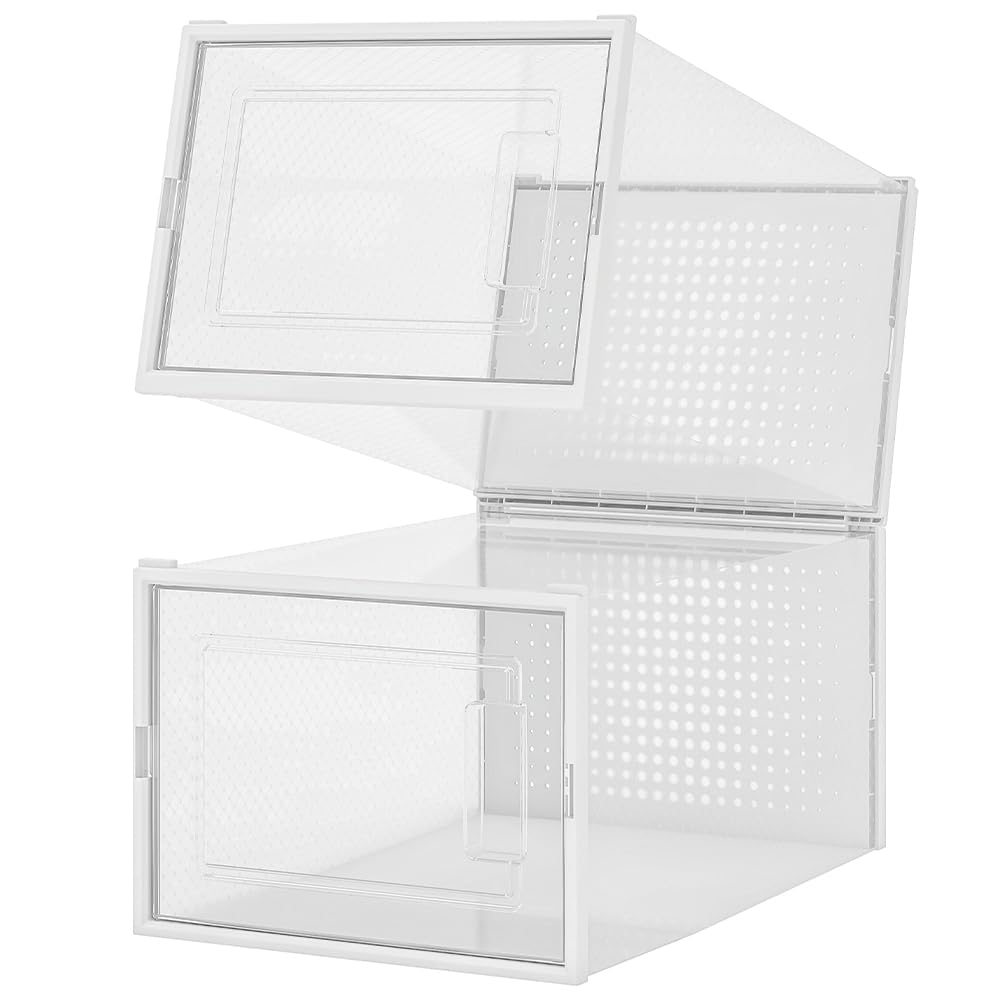 BAKAJI 12 cajas apilables para zapatos de plástico con copechi, montaje fácil, ahorran espacio transparentes, cajas organizadoras de almacenamiento, (juego de 12 unidades, 35 x 25 x 19 cm)