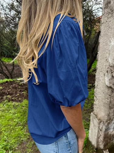 Image of Tankaneo Women's Button Down Shirts Short Puff Sleeve Collared Dressy Casual Blouse Tops