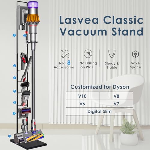 Image of Lasvea Vacuum Stand for V6, V7, V8, V9,V10, V11, V12, V15 Cordless Cleaners - Heavy Base Metal Bracket Holder Organizer with Trigger Lock, On /Off Control Clamp, Accessory & Attachment Storage