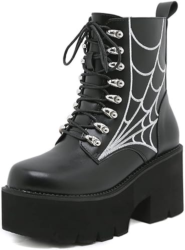 mikarka Botas de plataforma con cadena para mujer, con cordones y cremallera, tacón grueso, botines de combate negros, botas de motocicleta con