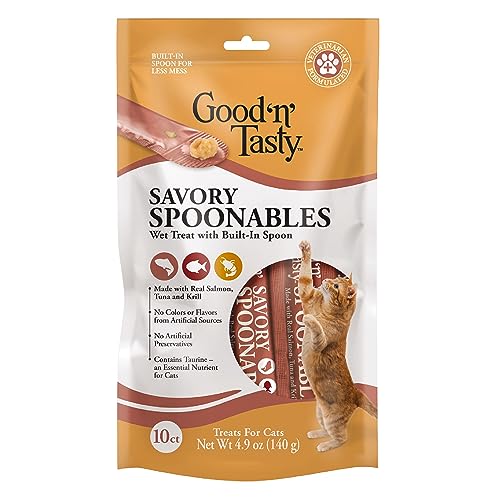 Good 'N' Tasty Savory Spoonables with Real Salmon, Tuna & Krill, 10 Count Tube, Triple Flavor Squeezable Lickable Wet Treats for Cats with Built-in Spoon for Less Mess