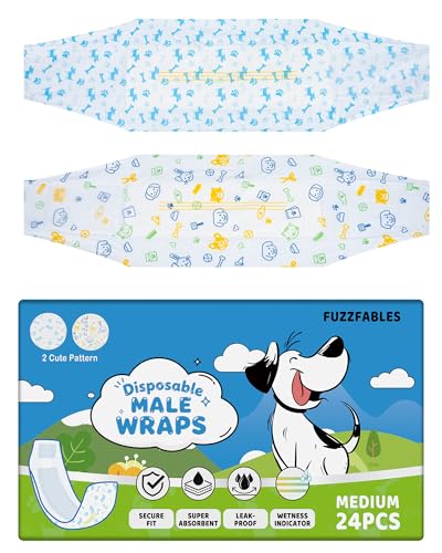 FuzzFables Einweg-Hundewindeln für Rüden, Super Saugfähig, Auslaufsicher, zweierlei Muster, mit Nässeindikator, für Inkontinenz und Reisen (M-24 Count)