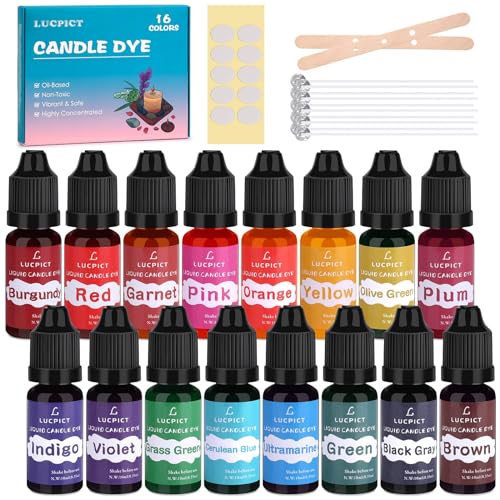 LUCPICT Kleurstof voor het maken van kaarsen, 16 kleuren, vloeibare kaarsenwas, oliegebaseerde kleurstof voor sojawas, bijenwas, paraffinewas, palmwas, gelwas