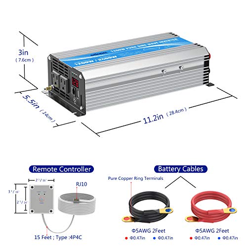 Power Inverter Pure Sine Wave 1200 Watt 12V Dc To 120V With Remote Control Dual Ac Outlets And Usb Port For Rv Car Solar System Emergency #TOP6