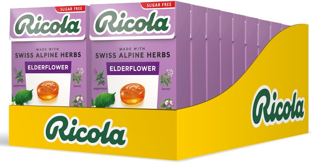 Ricola Elderflower Sugar Free Swiss Herbal Sweets, Herb Drops, Sweet Box 45g - Pack of 10 Boxes