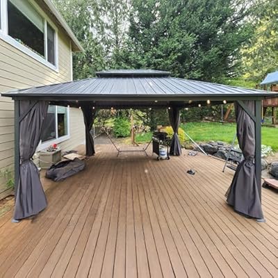 PURPLE LEAF 12' X 16' Permanent Hardtop Gazebo Outdoor Aluminum Gazebo Galvanized Steel Double Roof with String Lights for Patio Lawn Garden Aluminum with Netting and Curtains Grey