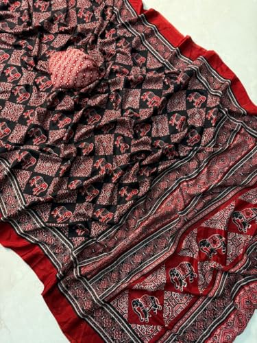 Image of SATIKA VASTRAM Modal Silk Ajrakh Saree Bandhani Design Crepe Printed Designer Pallu Attach Blouse Piece
