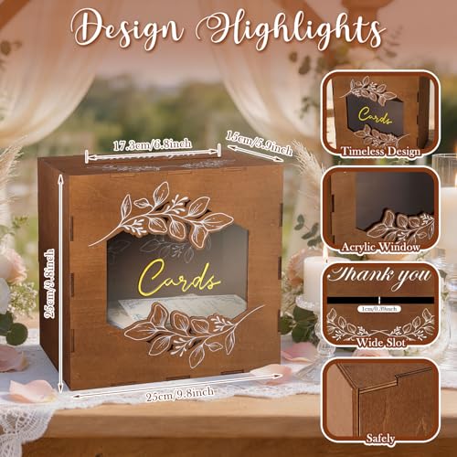 Image of Ywlake Wooden Wedding Money Box Holder with Sign, Large Rustic Card Box with Acrylic Window, Vintage Envelope Gift Post Card Box for Reception Anniversary Graduation Birthday Party Parties (Brown)