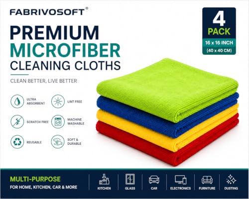 Image of Fabrivosoft Microfiber Cleaning Cloth, 320 GSM, 40x40 cm - 4 Pcs Set for Kitchen, Glass, Cars, Bikes. Superb Absorbent and lint Free (Red, Yellow, Blue and Green)