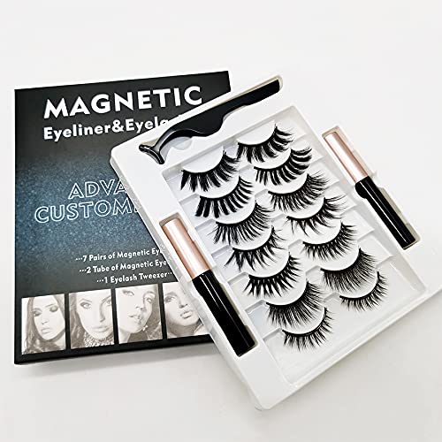 shenghong 2021 Upgraded Magnetic Eyeliner and Eyelashes Kit, Magnetic Eyelashes with Eyeliner, 3D False Lashes 7 Pairs with Tweezers, Easy to Wear