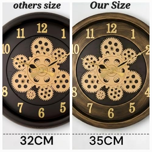 Image of Large Size 35 cms Rotating Moving Gears Wall Clock Industrial Steampunk Real Moving Gear Designer Wall Clock for Living Room Home Decor Office Wooden Look Plastic Round 14 Inch (Brown)