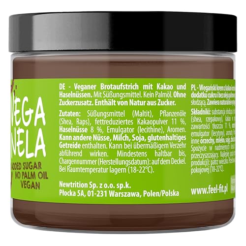 Feel FIT VEGANELA Kakao-Haselnuss-Aufstrich, ohne Zuckerzusatz, ohne Palmöl & vegan 200 g