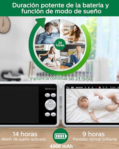 Sebikam Camara Vigilancia Bebé 5" 720P HD IPS Pantalla Video Baby Monitor con 2 cámaras, Batería de 4000mAh PTZ 355°Vigilabebes, Modo VOX, Visión Nocturna, Audio Bidireccional, Temperatura - imagen 6