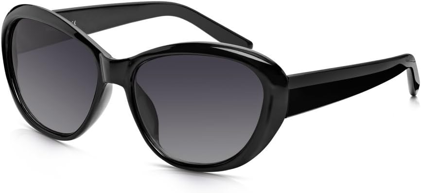 Sunglass Junkie Womens Black Cats Eye Sunglasses. Shiny, Virtually Unbreakable Polycarbonate Frame. Smoke Blue Gradient UV400 Lenses For 100% UV Protection. Sun Filter Category 3 Strong Anti Glare