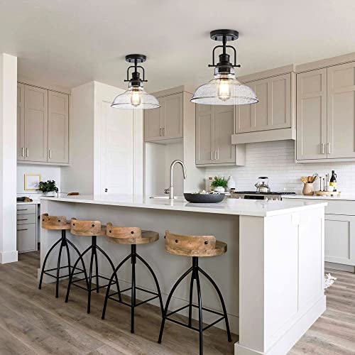 Zlepmlla Flush Mount Ceiling Light Fixture < Bulb NOT Included >, Black Metal Frame Ceiling Light Fixture with Seeded Glass, Farmhouse Light Fixture for Kitchen Island Entryway Porch Foyer by Zlepmlla - Image 7