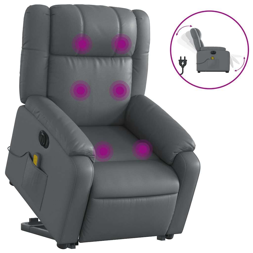 Sillón elevador eléctrico reclinable con masaje por vibración, color gris, de piel sintética, 6 puntos de masaje, función elevación e inclinación de 135 grados, estructura estable