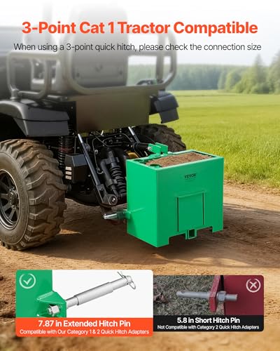 Image of VEVOR Ballast Box, 3-Point Category 1 Tractor Ballast of 800 lbs Capacity, with Standard 2 Inch Hitch Receiver, Heavy-Duty Steel 3.2 ft Large Volume Durable Loader Attachment with Sliding Door, Green
