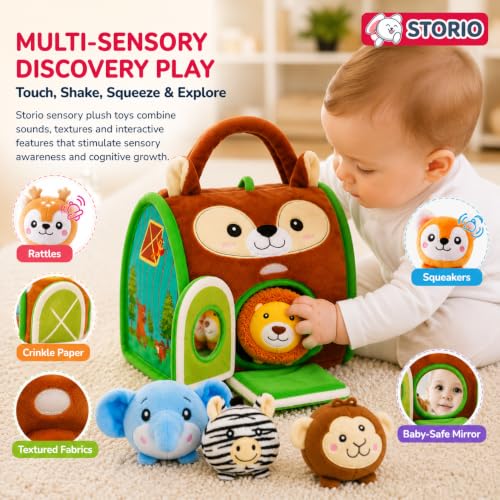 Image of Storio Jungle Woodland House Sensory Plush Animal Toys for Babies, Soft Stuffed with Rattles, Crinkle, Squeak & Mirror, Montessori Learning Toy for Infants Toddlers 6-12 Months, Baby Gift Set