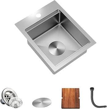 Torva RV Sink Stainless Steel Undermount Sink Square Inset Single Bowl with Cutting Board - 15 CM Deep Bar/Prep Basin 33 x 43 x 15 cm