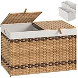 HOOBRO Storage Basket with Lid, Wicker Baskets with 2 Separate Lid, 42.3 Gallon(160L) Blanket Storage Bin with Handles, 2 Removable Liner Bags, for Bedroom, Laundry, Room, Natural and Brown NL276CW01