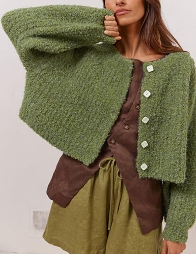Lviefent Women Knit Cardigans Fluffy Casual Open Front Button Down Long Sleeve Cropped Sweater Jacket Outwear2