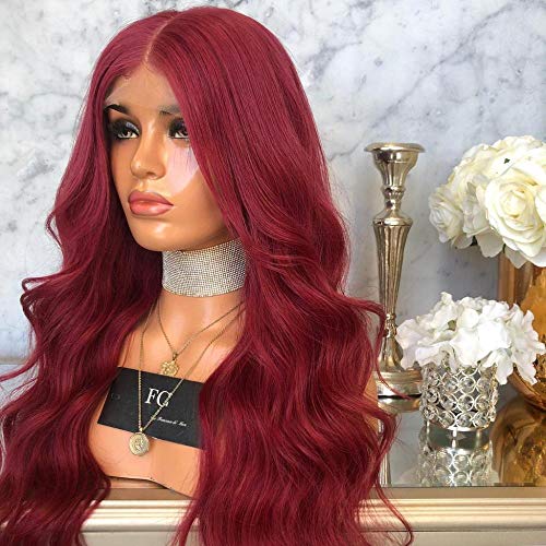 ZLRE Long Body Wave Wig Natural Middle Part Synthetic Front Lace For Women'S Best Synthetic Hair Wave Wig Red Cosplay Party Costume Wig Half Hand Tied Wig 28 Inches