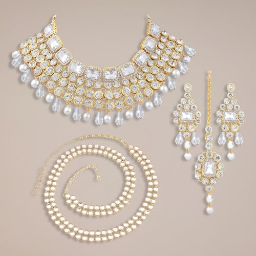 Image of Peora Crystal Choker Necklace with Maang Tikka Earrings Indian Traditional Bridal Wedding Jewellery Set for Women