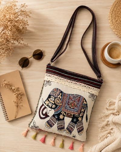 Image of Elephant Print Canvas Tote Bag for Women, Ethnic Shoulder Handbag with Multicolor Elephant Design, Dual Handle Everyday Carry Bag for Shopping, Office, College, Travel & Daily Use