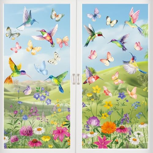 BBLIKE 9 Blätter Frühling Fensterbilder - Kolibri Blume Selbstklebend Doppelseitig Bedruckt Fenstersticker, Wiederverwendbare Fensterbilder für Fensterdeko