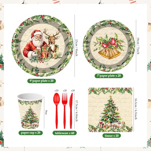 140 Pcs Christmas Party Supplies Set, Disposable Dinnerware Set for 20 Guests Includes 7 & 9 Inch Santa & Reindeer Paper Plates, Napkins, Cups, Forks, Spoons, Knives for Holiday Tableware – Image 3