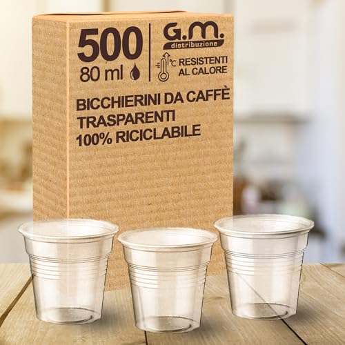 G.M. DISTRIBUZIONE bicchieri plastica (500, Trasparenti) - Bicchierini Caffè 80cc - Bicchieri Riutilizzabili Super Rigidi e Resistenti al Calore per Espresso, Asporto, Casa e Ufficio - Made in Italy