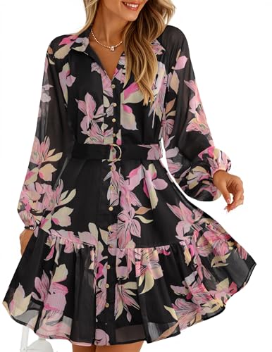 ZESICA Womens Spring Summer Floral Mini Dress Long Sleeve Button