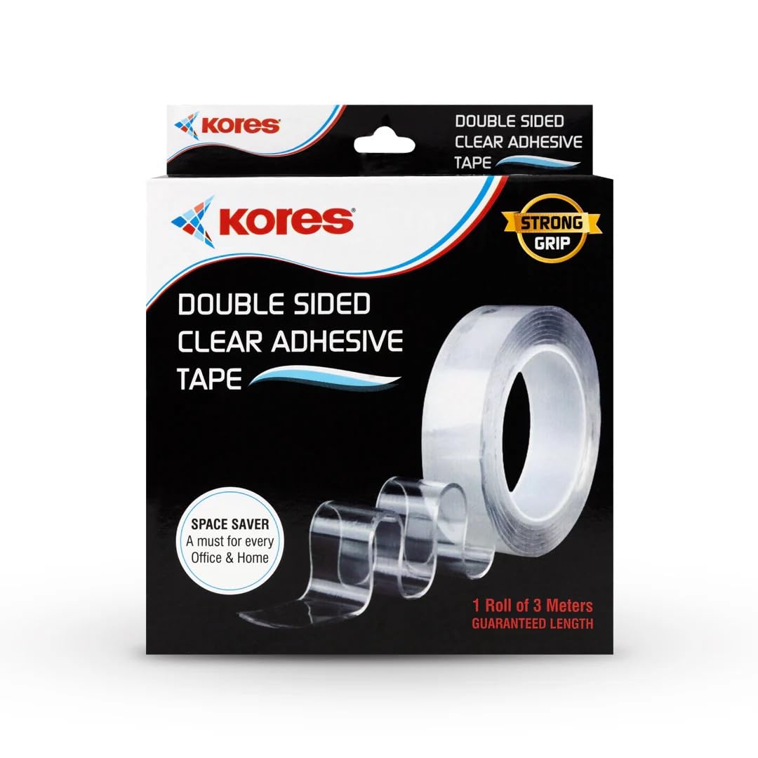 Kores Strong Grip Transparent Double Sided Tape Pack of 2 | 3 Metre Roll, 2mm Thick Ultra Strong Gel Adhesive Tape | Removable & Reusable Heavy Duty Mounting Tape