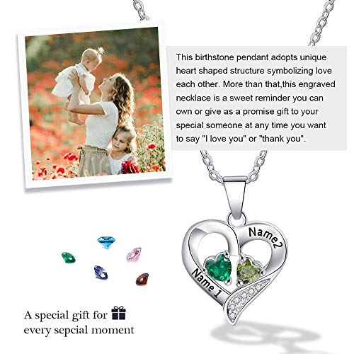 Sterling Silver Personalized 2 Names Necklace with 2 Heart Simulated Birthstone Couple Pendant Necklace for Women4