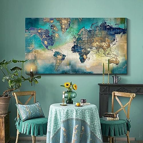 Image of Large World Map Canvas Prints Wall Art for Living Room Office 24x48 Green World Map Picture Artwork Decor for Home Decoration
