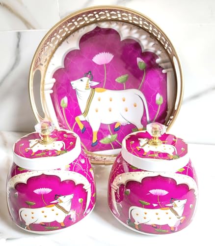 Royal Deco Art Handcrafted Cow Pichwai Decorative Tray and Storage Jar Set 3 Pieces Pink and Gold (Tray 8 inch and Jar 4 inch)