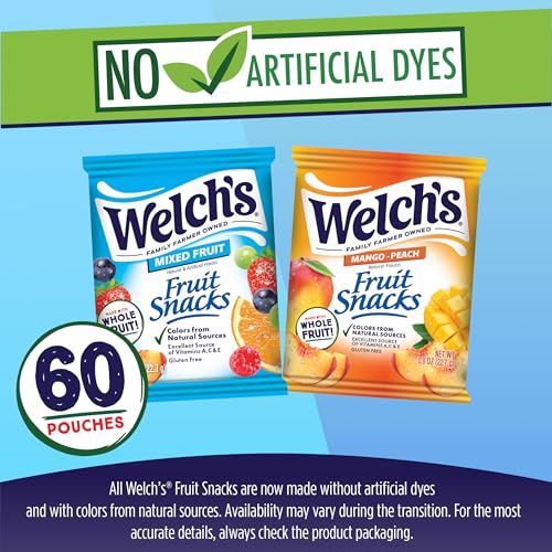 Image of Welch's Fruit Snacks, Mixed Fruit & Mango Peach Snack Box, Gluten Free, 0.8oz Snack Packs (Pack of 60)