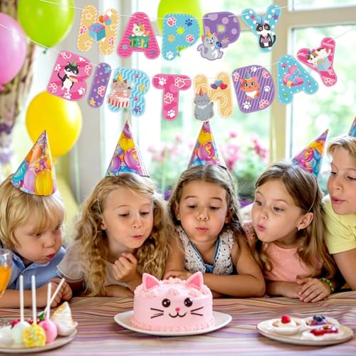 Image of Hooqict Happy Birthday Banner Cat Birthday Decorations Colorful Party Banner Garland Sign for Kids Girls Boys 1st 2nd 3rd Funny Cat Themed Birthday Party Decorations Supplies