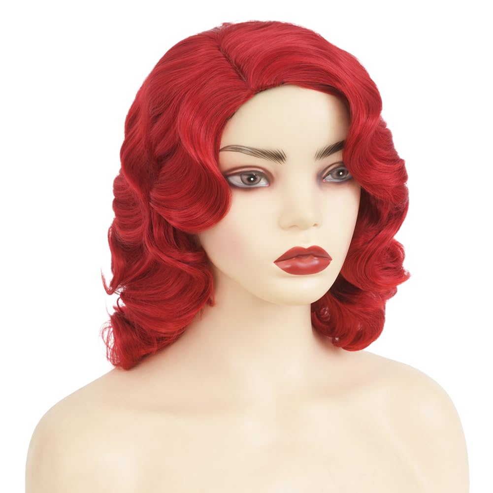 Red Finger Wave Wigs for Women 1920s Long Side Part Natural Hair Wig Lady Synthetic Cosplay Halloween Costume Vintage Wig（Red）