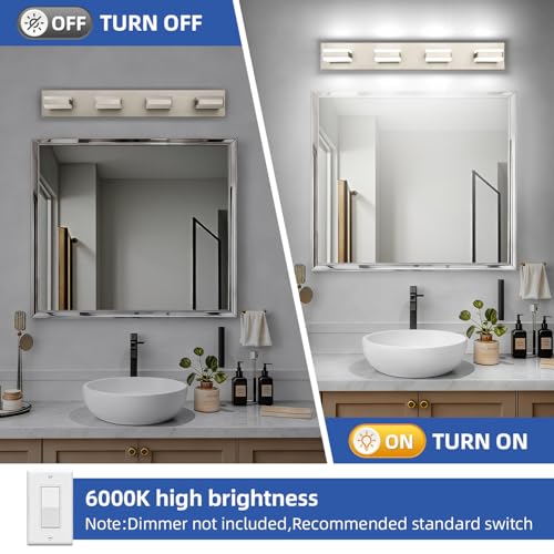 Image of SOLFART Bathroom Vanity Lights Brushed Nickel LED Lighting, LED Bathroom Light for Bath, 4 Light Vanity Lighting Above Mirror Cool Light 6000K