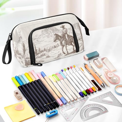 Image of Western Cowboy Nylon Pencil Case with Side & Top Access Stylish & Functional Bag for Travel Office Back-to-School & Art Supplies Storage