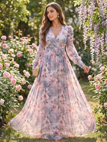 Image of TOLEEN Summer Casual Dresses for Women 2024 Spring Fashion Boho V Neck Long Sleeve Ruffle Floral Print Elegant Maxi Dress