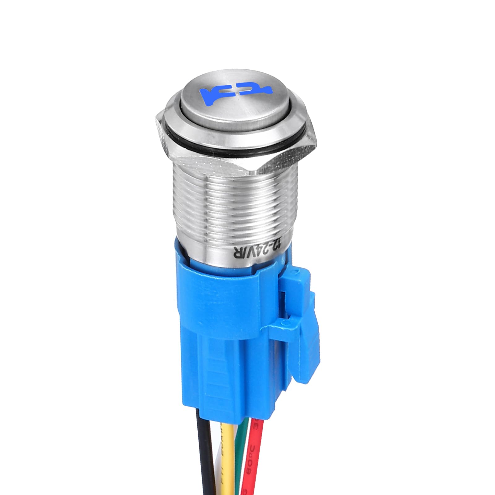 DMiotech 19mm / 3/4" Stainless Steel Momentary Push Button Switch Domed Head 5A 12-24V Silver Shell 5 Pin with Cable Socket Blue Trumpet LED 1NO1NC for Car Boat Systems Custom Setups