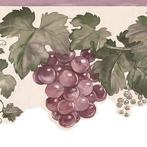 CONCORD WALLCOVERINGS ™ Wallpaper Border Fruit Pattern Grapes Leaves, Die Cut Edge for Cottage Kitchen Dining Room, Cream Green Purple, 15 ft by 7.5 in BB75958DC