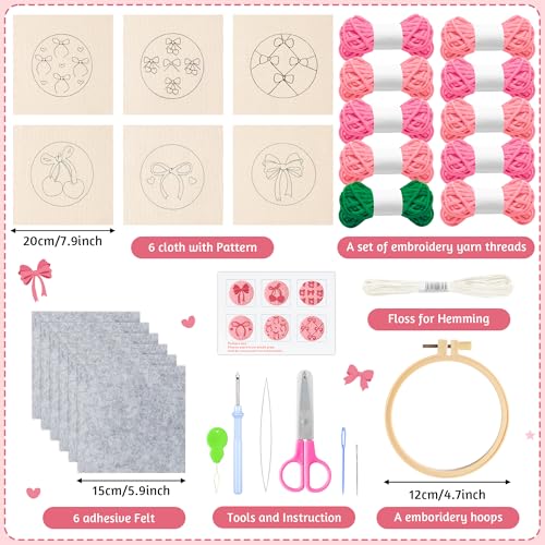 Image of WATINC Bow Tie Punch Needle Coaster Kit - 22Pcs Easy Art Work Decor Craft Supply for Beginners, DIY Set of 6 Pink Bow Tie Tufted Rug Pads with Adhesive Felt Yarns Embroidery Hoop Tools Instruction