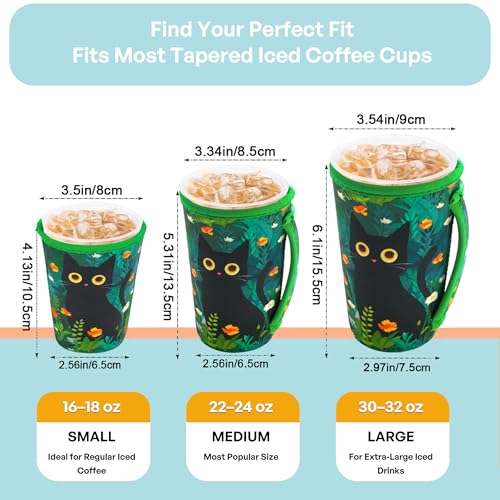 Image of KJQJLY 3 Pack Reusable Iced Coffee Sleeves for Iced Coffee Cups or Drinks Reusable Neoprene Insulated Sleeves for Hot and Cold Drinks from Starbucks, Dunkin, And More (Black Cat)